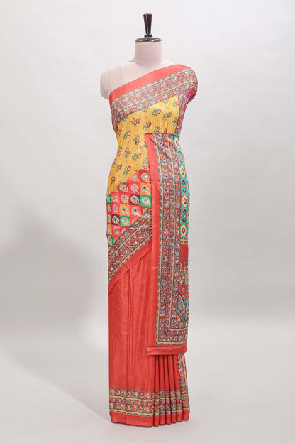 Orange floral design mirror work masakali saree with self border and matching blouse