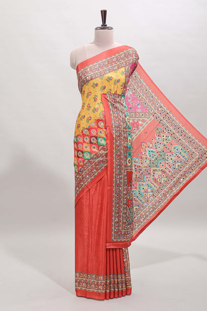 Orange floral design mirror work masakali saree with self border and matching blouse