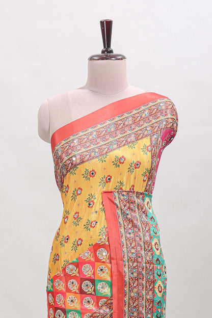 Orange floral design mirror work masakali saree with self border and matching blouse