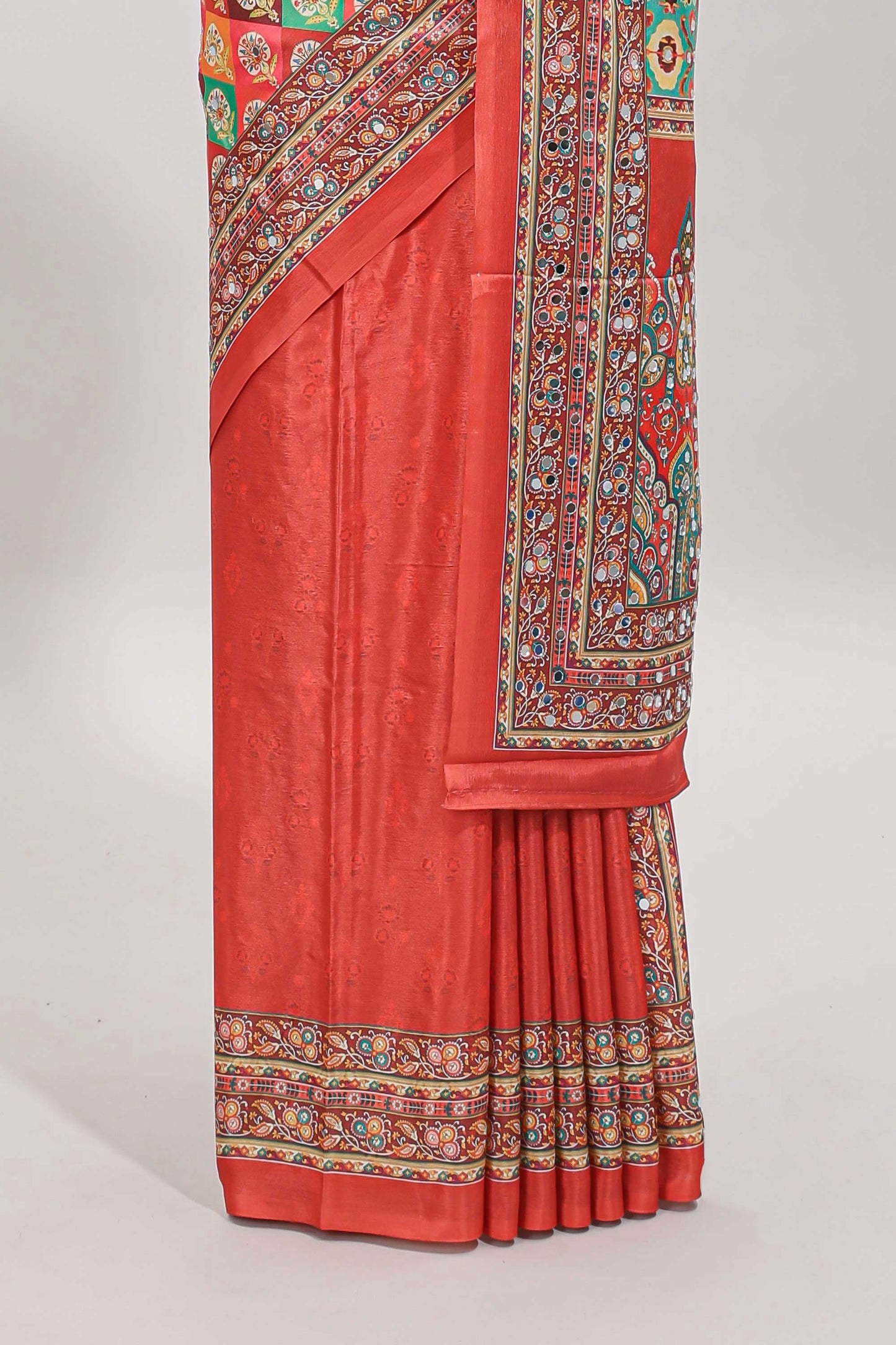 Orange floral design mirror work masakali saree with self border and matching blouse