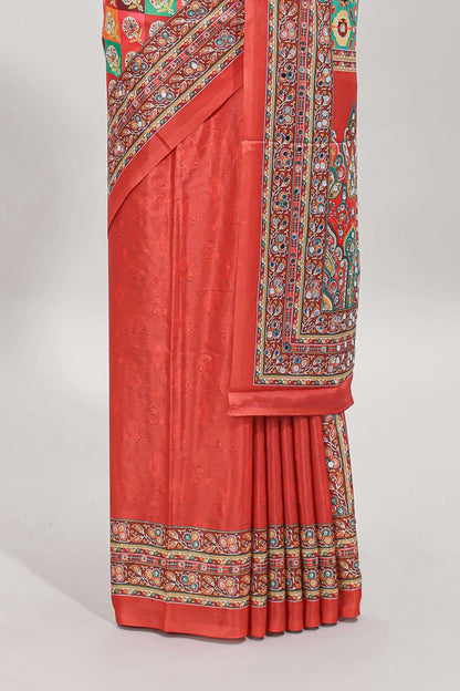 Orange floral design mirror work masakali saree with self border and matching blouse