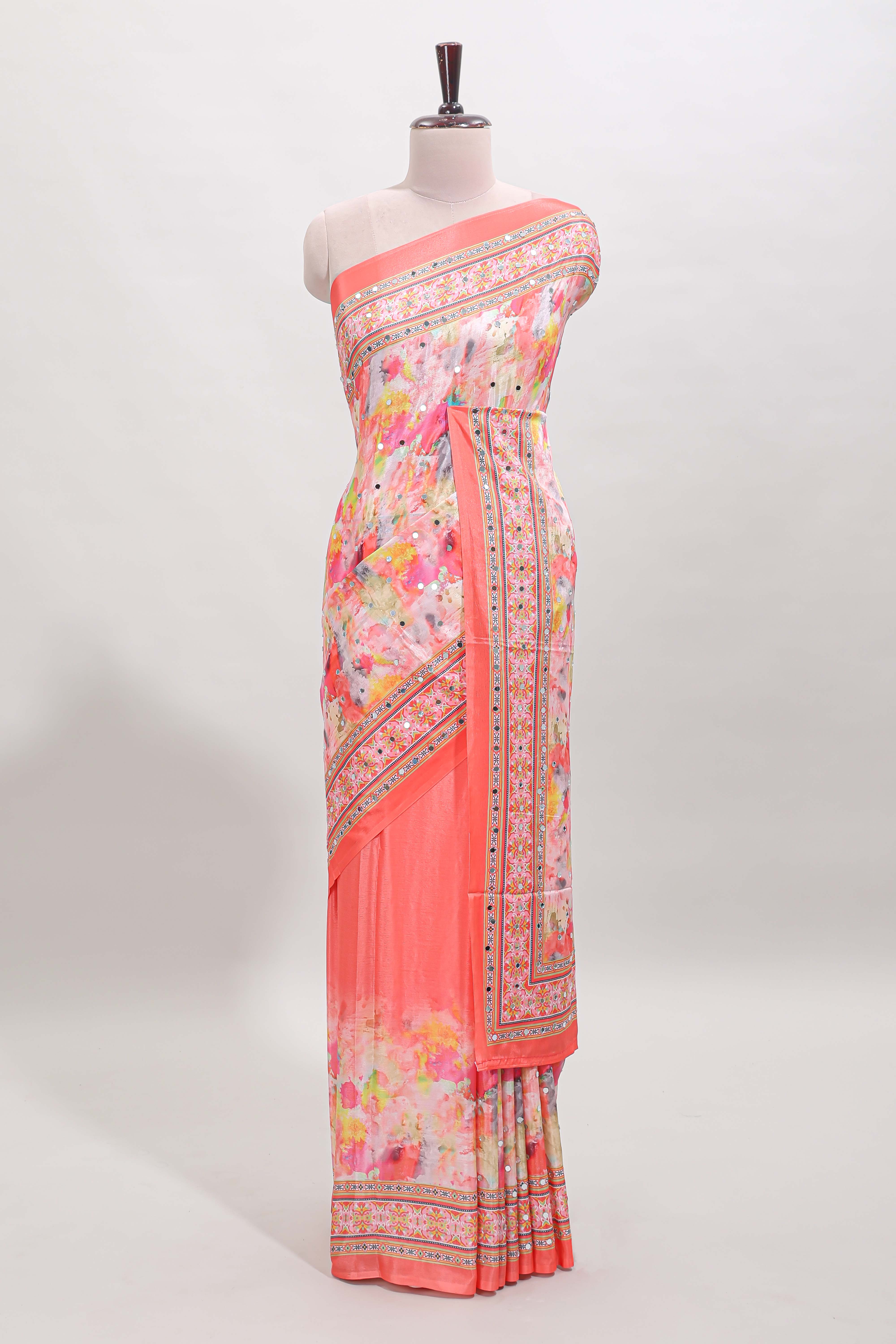 Pink floral design mirror work masakali saree with self border and matching blouse