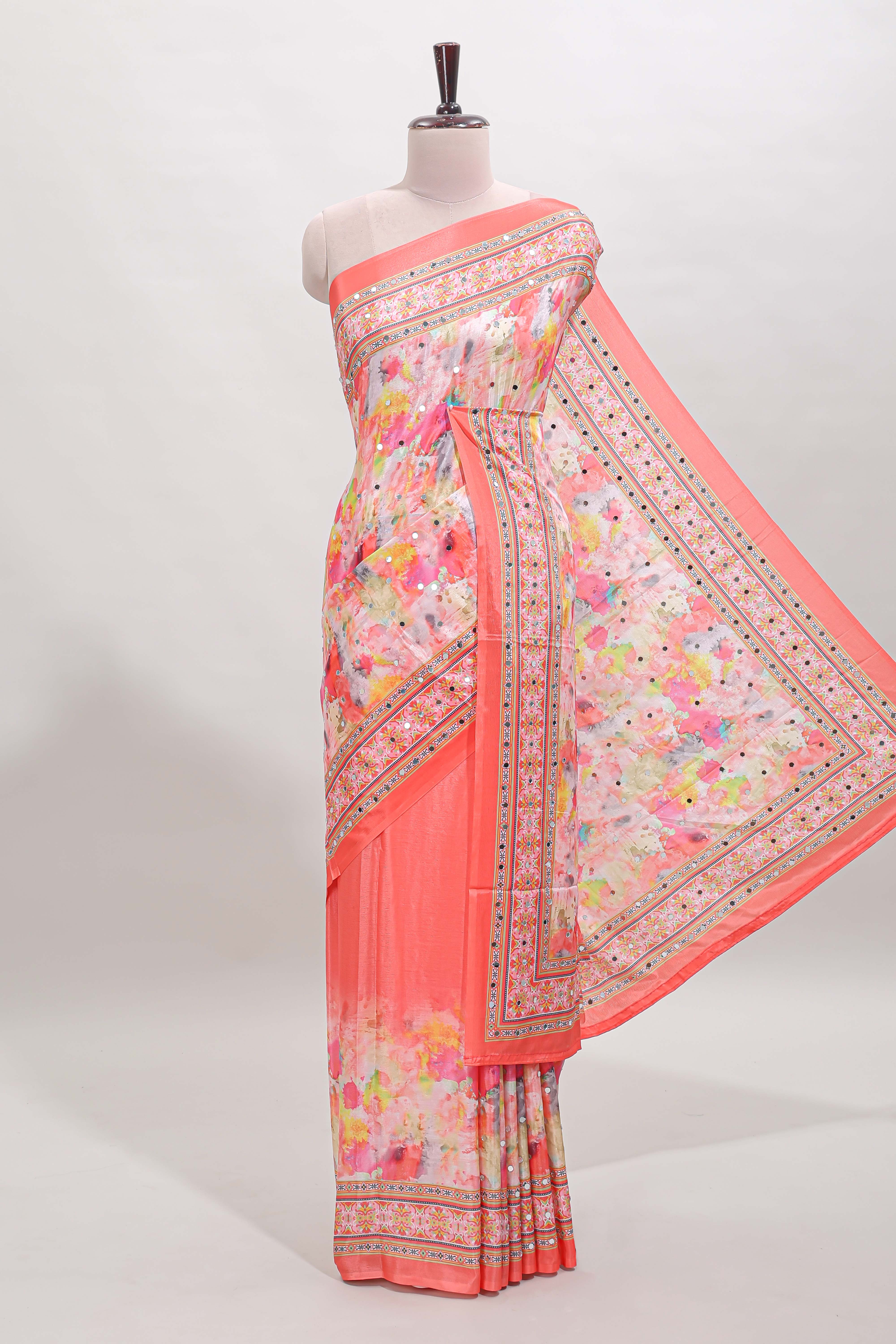 Pink floral design mirror work masakali saree with self border and matching blouse