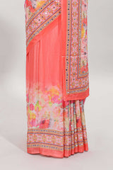 Pink floral design mirror work masakali saree with self border and matching blouse