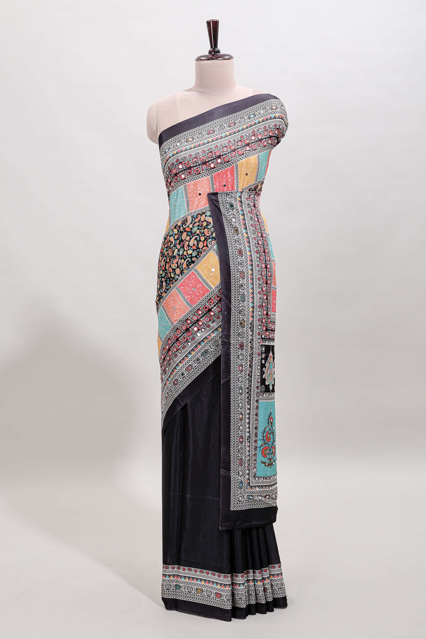 Black floral design mirror work masakali saree with self border and matching blouse