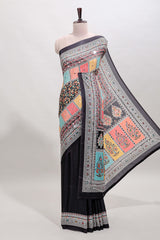 Black floral design mirror work masakali saree with self border and matching blouse