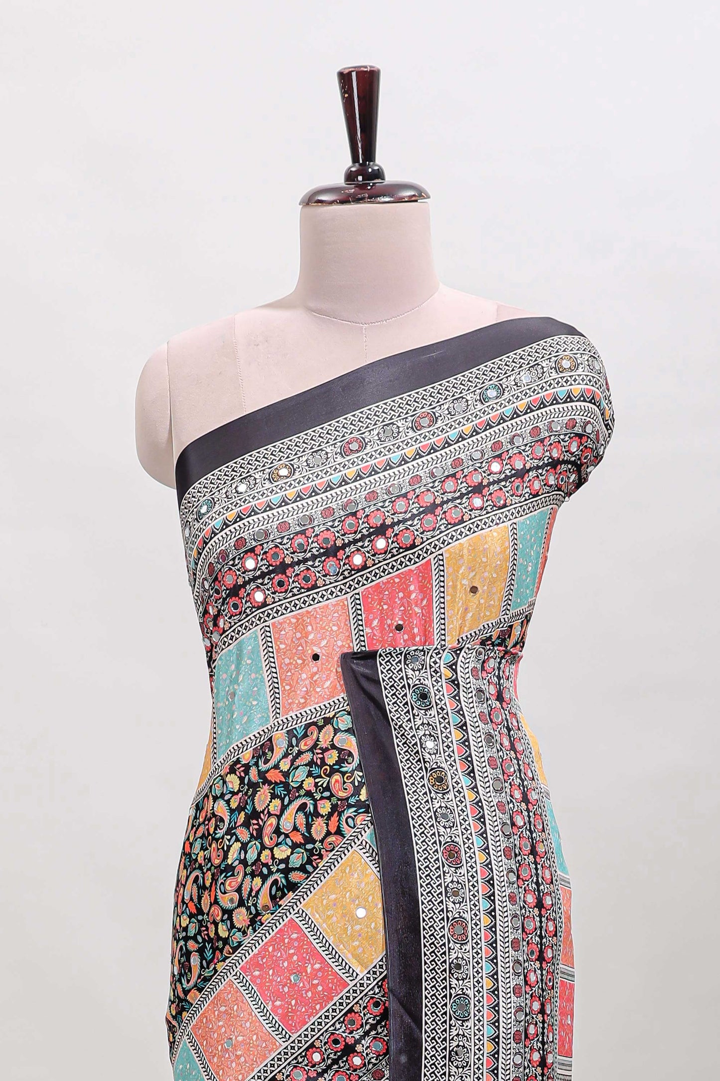 Black floral design mirror work masakali saree with self border and matching blouse