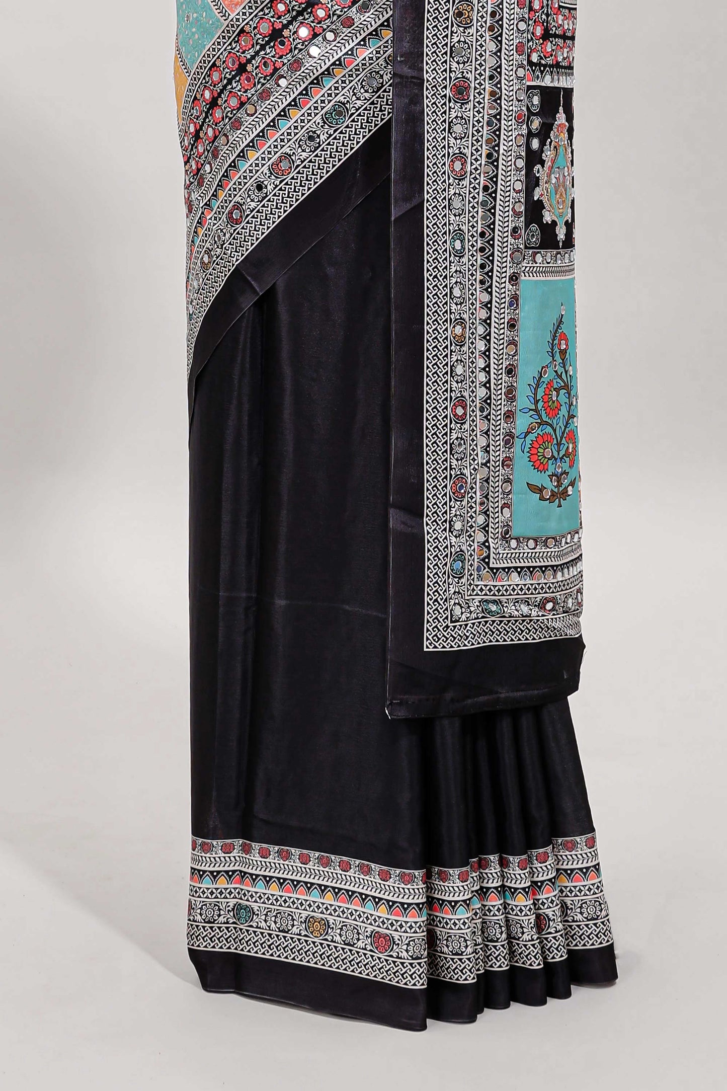 Black floral design mirror work masakali saree with self border and matching blouse