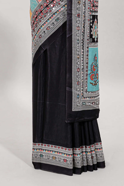 Black floral design mirror work masakali saree with self border and matching blouse