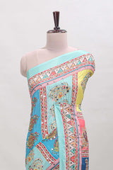 Turquiose blue floral design mirror work masakali saree with self border and matching blouse
