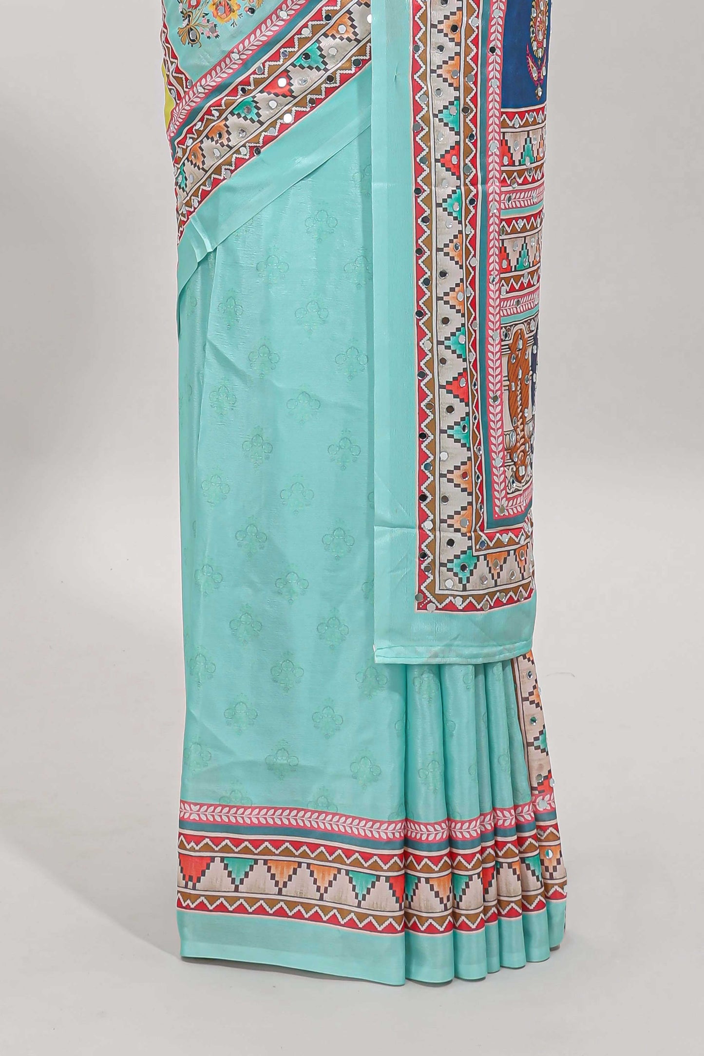 Turquiose blue floral design mirror work masakali saree with self border and matching blouse