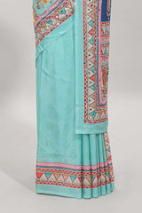 Turquiose blue floral design mirror work masakali saree with self border and matching blouse