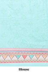 Turquiose blue floral design mirror work masakali saree with self border and matching blouse