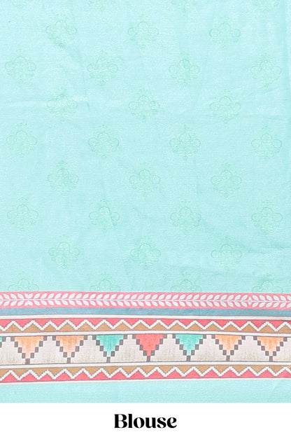 Turquiose blue floral design mirror work masakali saree with self border and matching blouse