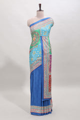 Royal blue floral design mirror work masakali saree with self border and matching blouse
