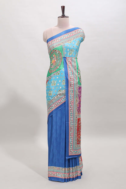 Royal blue floral design mirror work masakali saree with self border and matching blouse