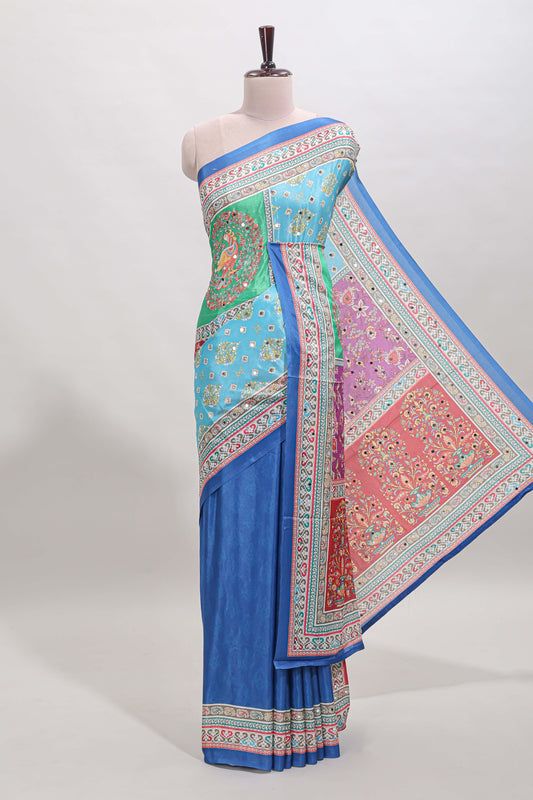 Royal blue floral design mirror work masakali saree with self border and matching blouse