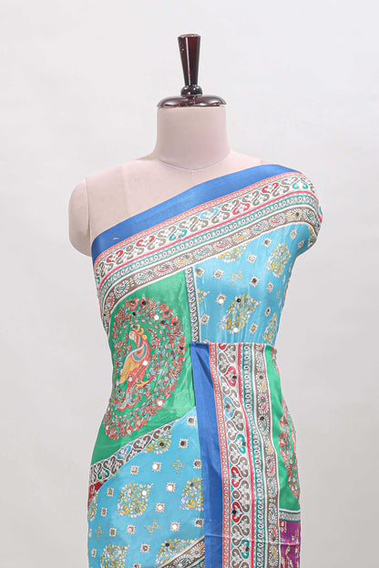 Royal blue floral design mirror work masakali saree with self border and matching blouse