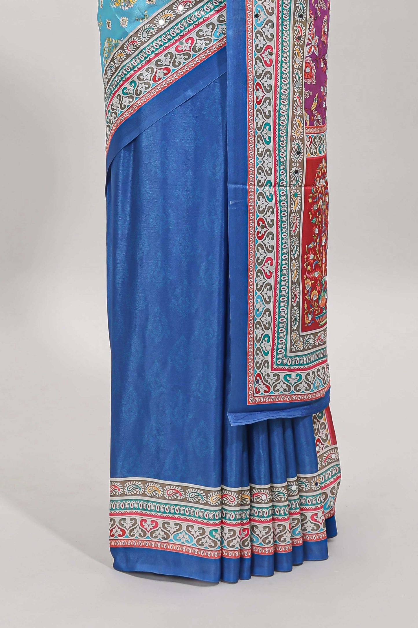 Royal blue floral design mirror work masakali saree with self border and matching blouse