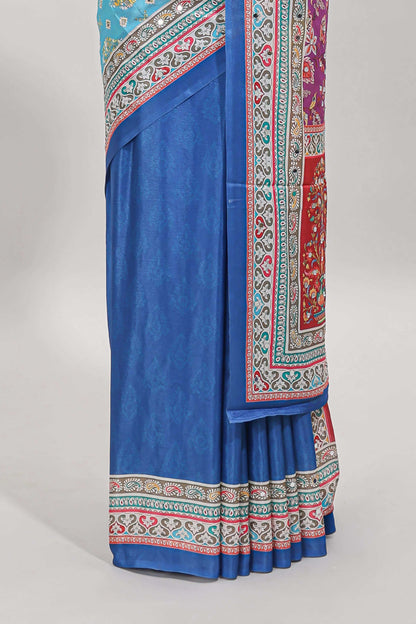 Royal blue floral design mirror work masakali saree with self border and matching blouse