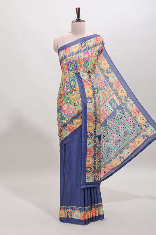 Dark blue floral design mirror work masakali saree with self border and matching blouse