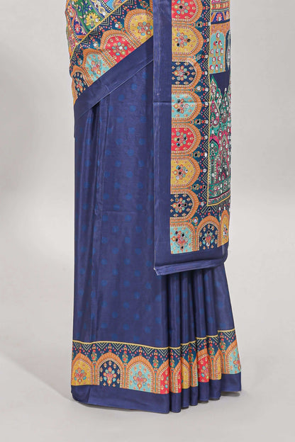 Dark blue floral design mirror work masakali saree with self border and matching blouse