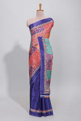 Royal blue floral design mirror work masakali saree with self border and contrast motifs blouse