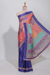 Royal blue floral design mirror work masakali saree with self border and contrast motifs blouse