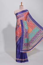 Royal blue floral design mirror work masakali saree with self border and contrast motifs blouse