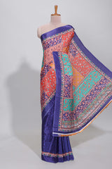 Royal blue floral design mirror work masakali saree with self border and contrast motifs blouse