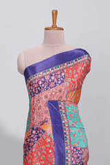 Royal blue floral design mirror work masakali saree with self border and contrast motifs blouse