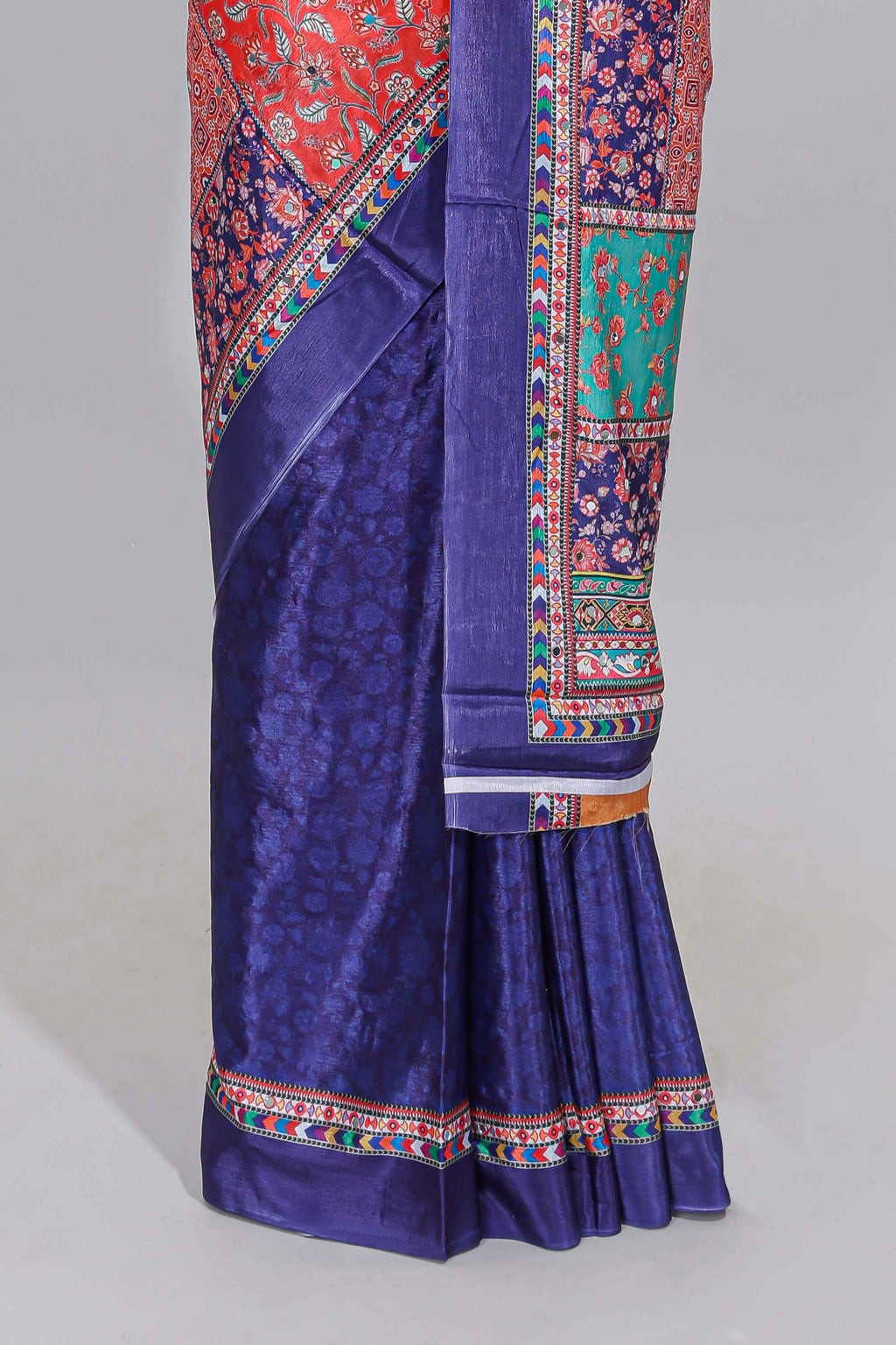 Royal blue floral design mirror work masakali saree with self border and contrast motifs blouse
