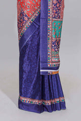 Royal blue floral design mirror work masakali saree with self border and contrast motifs blouse