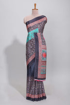 Black floral design mirror work masakali saree with self border and contrast motifs blouse