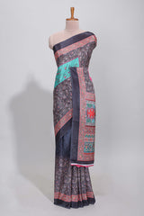 Black floral design mirror work masakali saree with self border and contrast motifs blouse