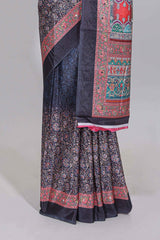 Black floral design mirror work masakali saree with self border and contrast motifs blouse