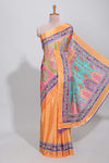 Orange floral design mirror work masakali saree with self border and contrast motifs blouse