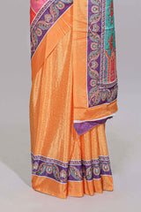 Orange floral design mirror work masakali saree with self border and contrast motifs blouse