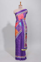 Violet floral design mirror work masakali saree with self border and contrast motifs blouse