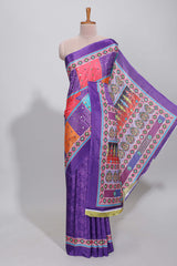 Violet floral design mirror work masakali saree with self border and contrast motifs blouse