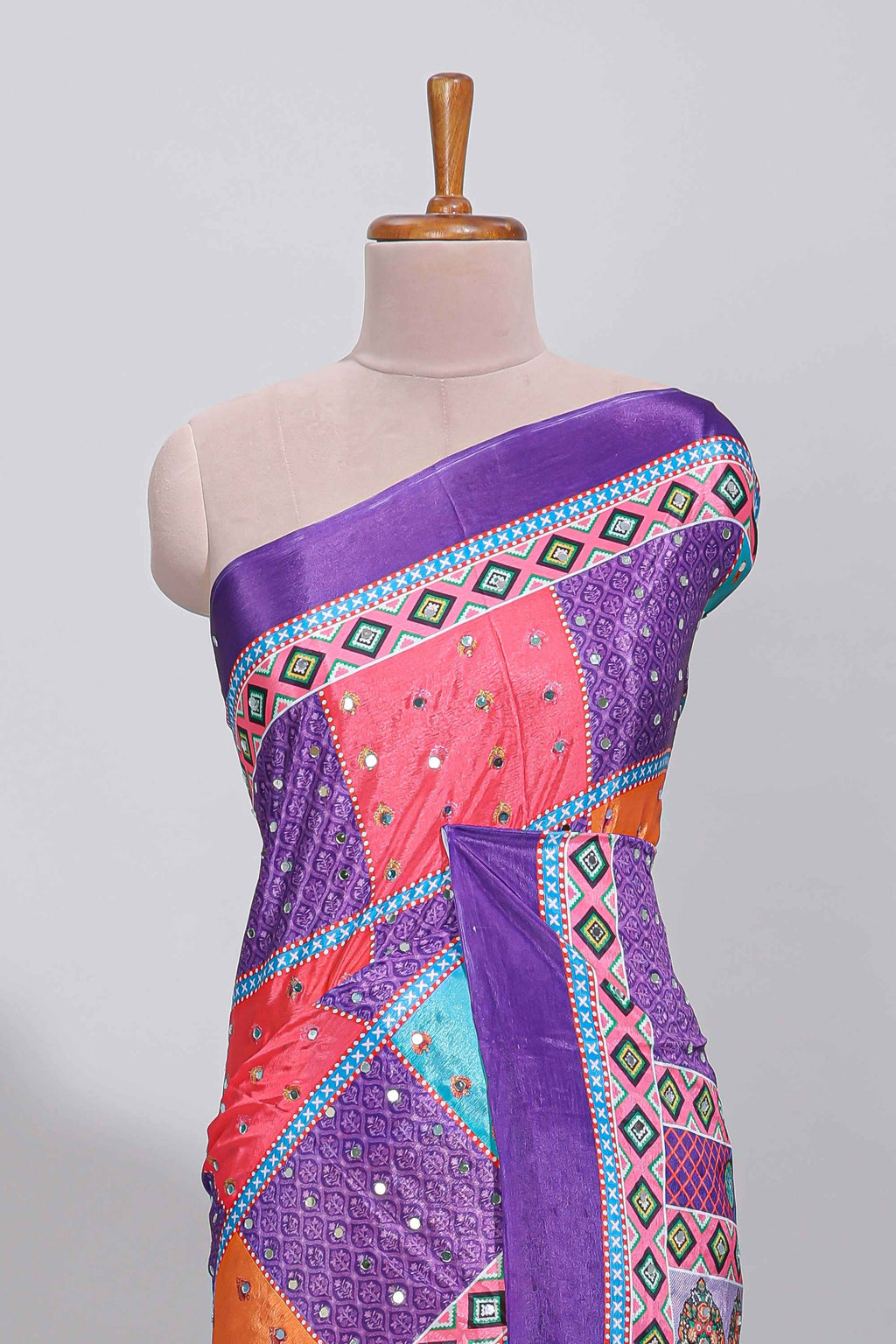 Violet floral design mirror work masakali saree with self border and contrast motifs blouse