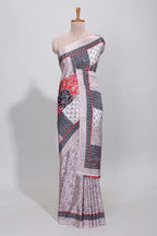 Grey floral design mirror work masakali saree with self border and contrast motifs blouse