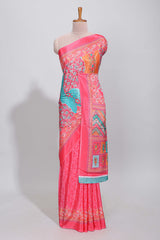 Pink floral design mirror work masakali saree with self border and contrast motifs blouse