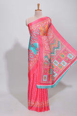 Pink floral design mirror work masakali saree with self border and contrast motifs blouse