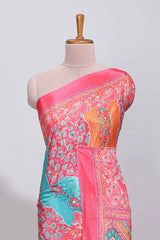 Pink floral design mirror work masakali saree with self border and contrast motifs blouse