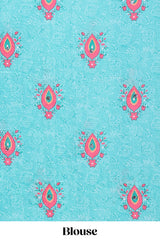 Pink floral design mirror work masakali saree with self border and contrast motifs blouse