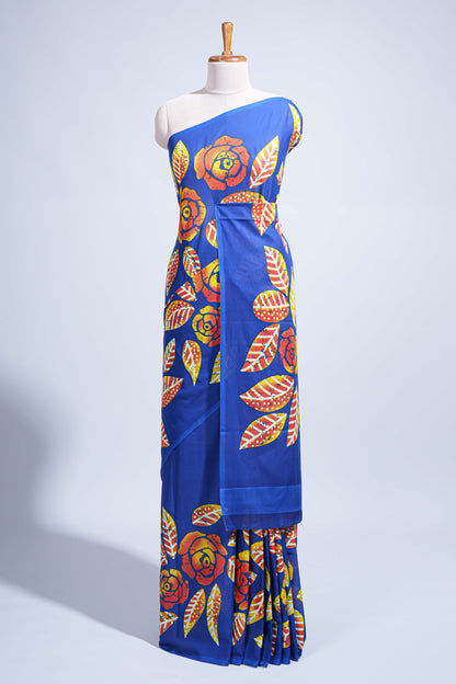 Borderless blue floral design mul mul cotton saree with matching blouse