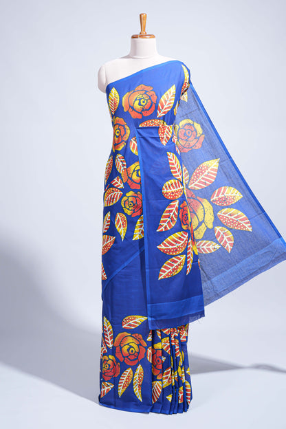 Borderless blue floral design mul mul cotton saree with matching blouse