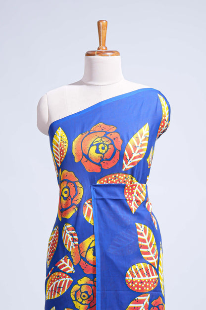 Borderless blue floral design mul mul cotton saree with matching blouse