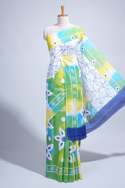 Green floral design mul mul cotton saree with self border and contrast blouse